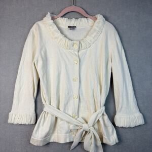 J. Jill Ruffled Cardigan M Quiet Luxury Waist Tie Coquette Cream Angora Cotton